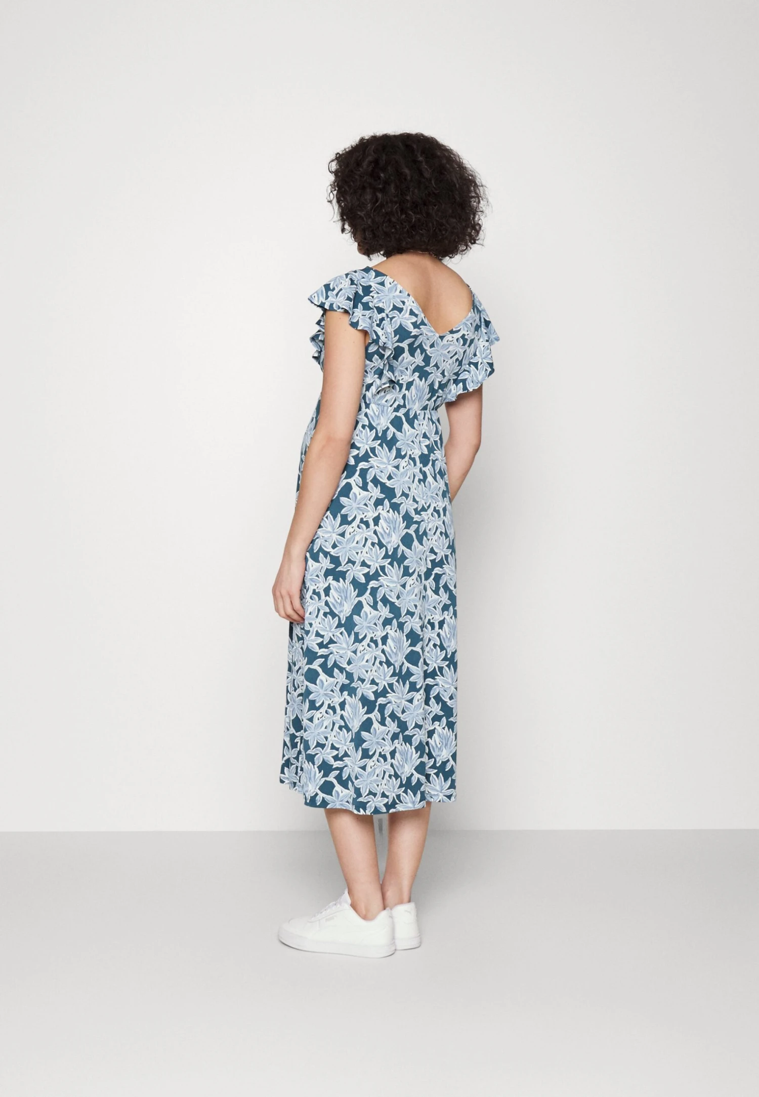 Midi V Flared Dress Witrh Ruffle Sleevees - Jerseyjurk - Dark Blue/Blue 5 Midi V Flared Dress Witrh Ruffle Sleevees - Jerseyjurk - Dark Blue/Blue - Afbeelding 3