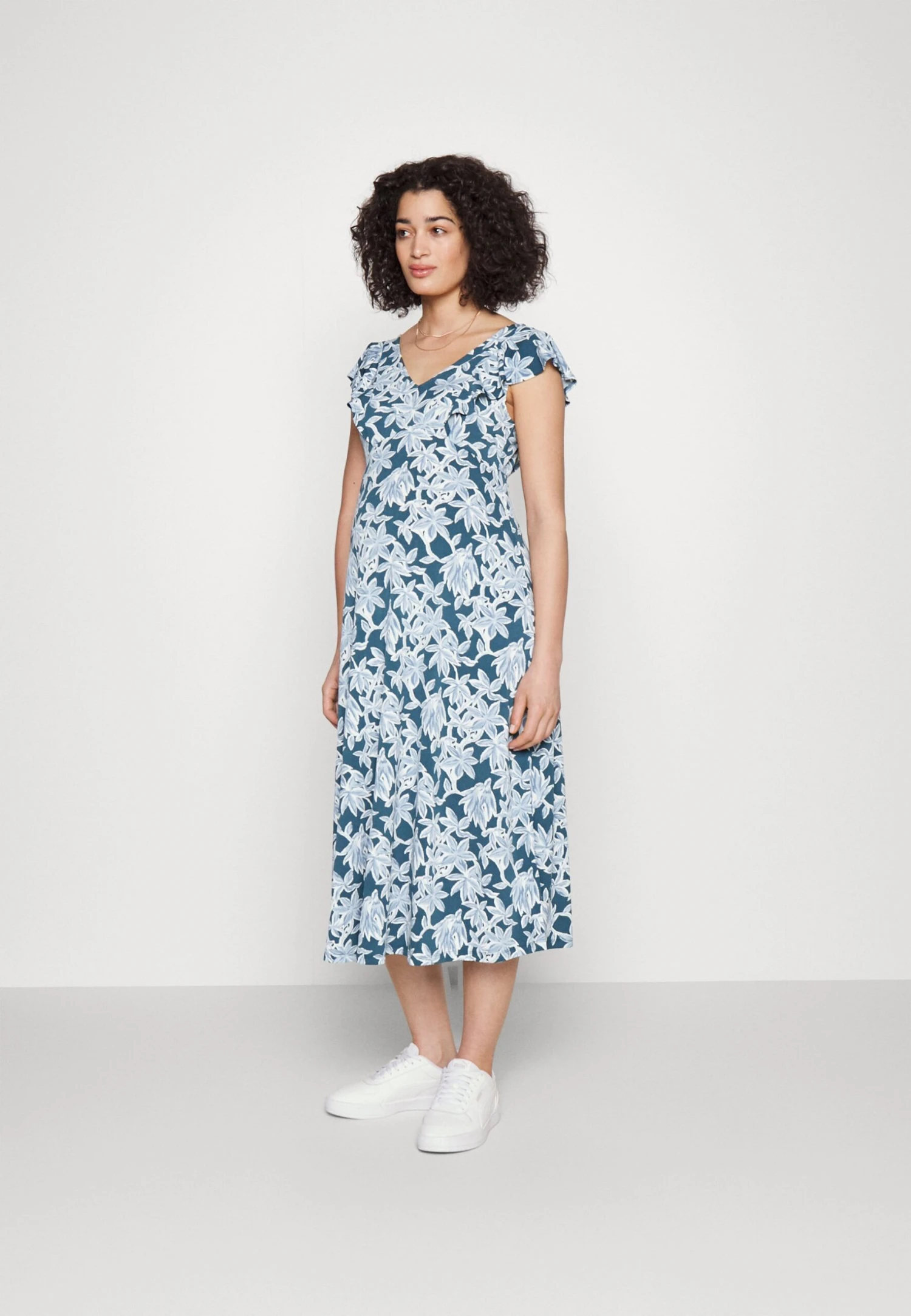 Midi V Flared Dress Witrh Ruffle Sleevees - Jerseyjurk - Dark Blue/Blue 3 Midi V Flared Dress Witrh Ruffle Sleevees - Jerseyjurk - Dark Blue/Blue